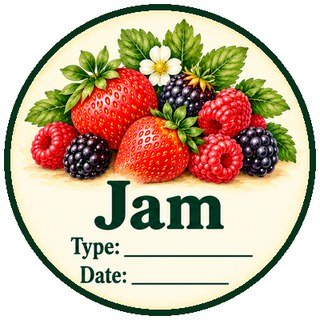 Printable canning jar label for jam with strawberries, raspberries, and blackberries, and lines for the type and date