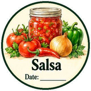 Printable canning jar label for salsa with tomatoes, peppers, and onion