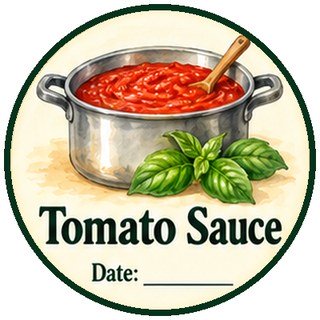 Printable canning jar label for tomato sauce with a pot of red sauce and basil