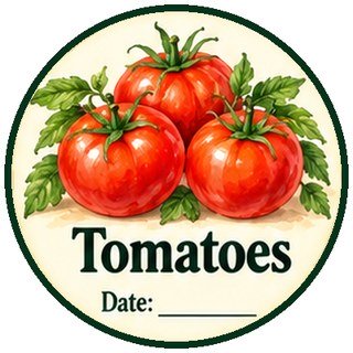 Printable canning jar label for tomatoes with a watercolor picture of red tomatoes