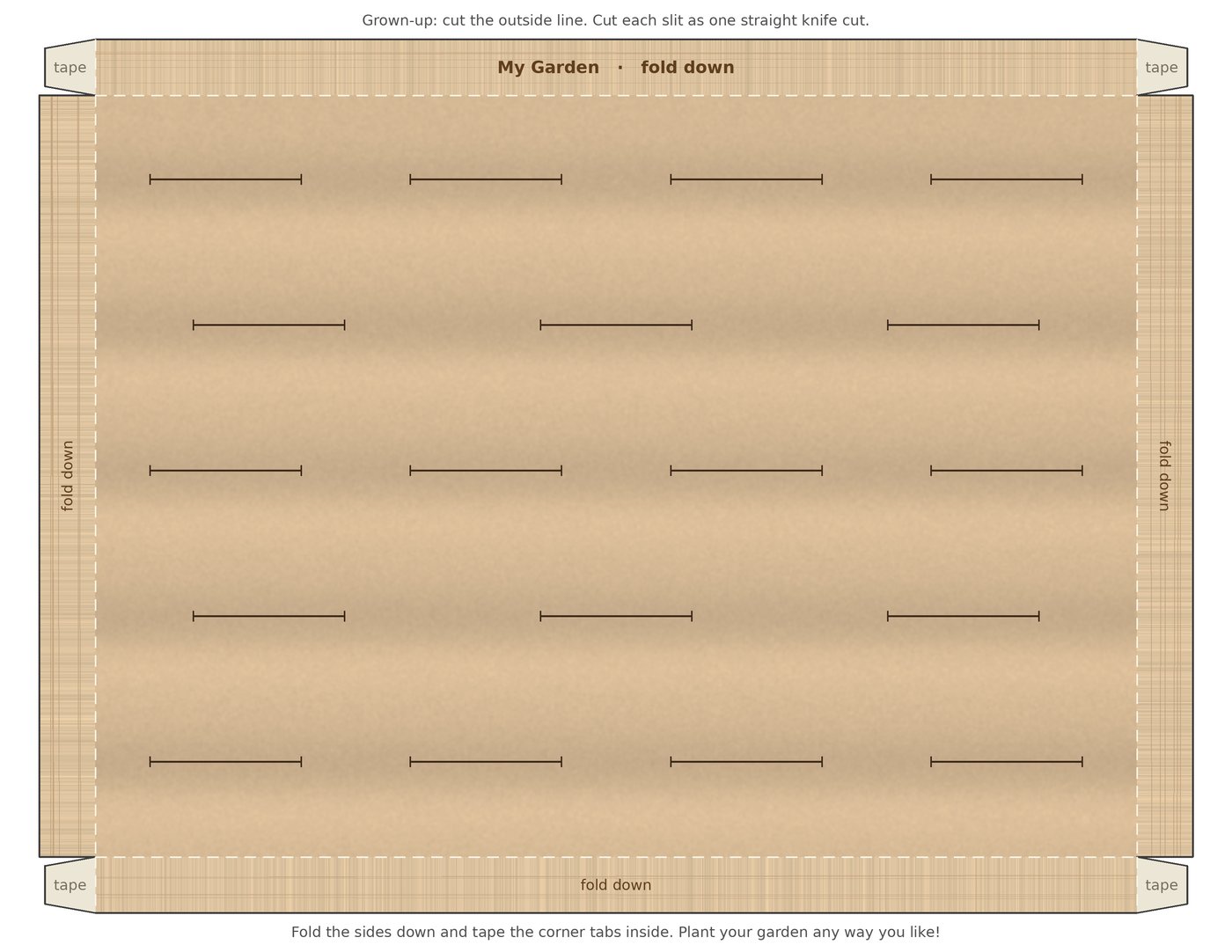 Printable paper garden bed with fold-down sides and slits