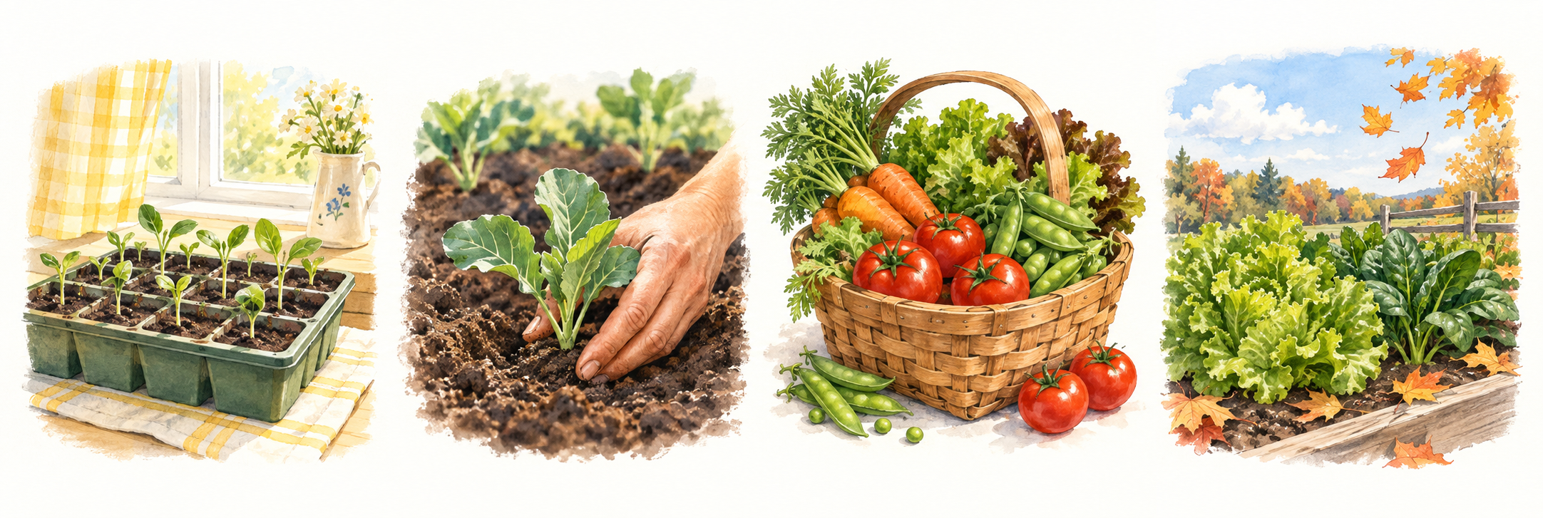 The four kinds of entries on the personalized vegetable planting calendar: seeds started indoors, planting out, harvest, and fall planting.