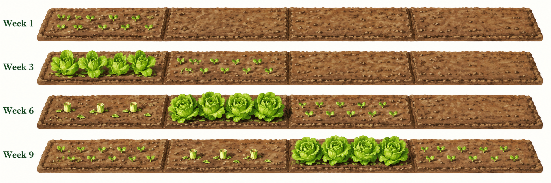 Succession planting diagram: one row of lettuce sown in four sections a few weeks apart, so one section is always ready to pick.