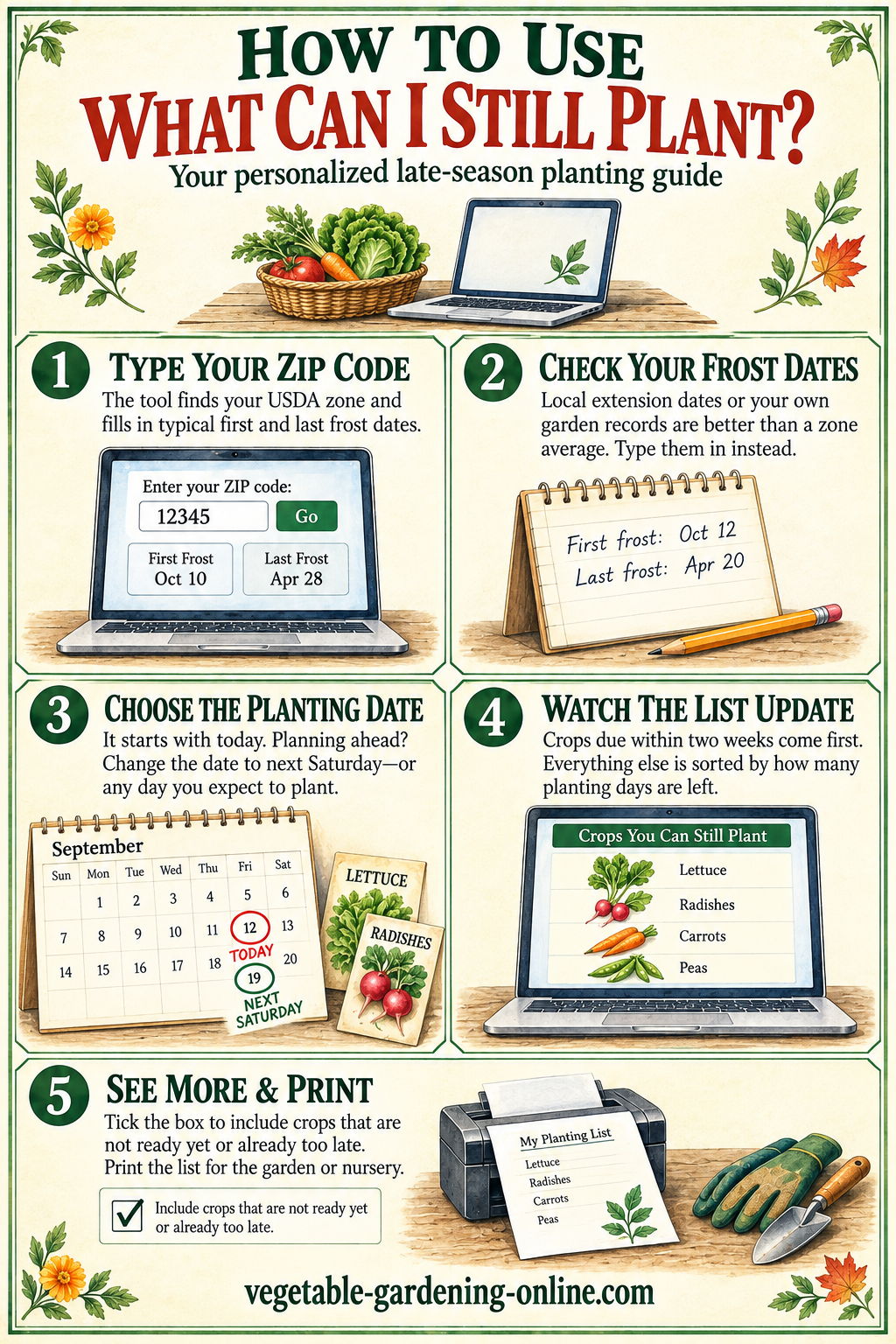 How to use the what can I still plant tool in five steps: type your zip code, check your frost dates, choose the planting date, watch the list update, and print.